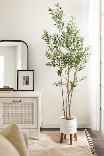 Kate and Laurel 7ft. Oliveira Faux Olive Tree in Rustic Brown Footed Planter